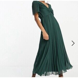 New ASOS Pleated Bodice Flutter Sleeve Pleated Dress Pine Green Fairycore Sz.4